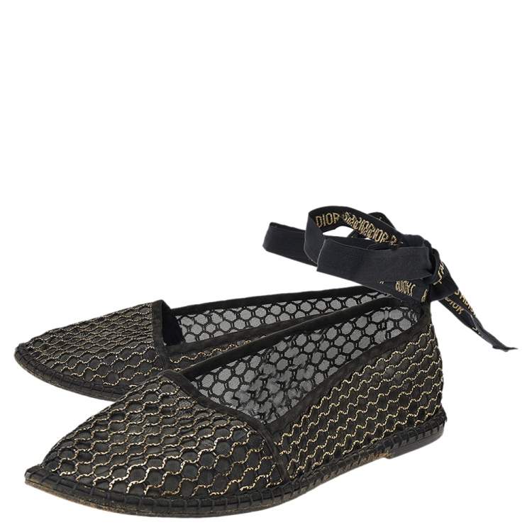 مملوكة مسبقًا Dior Black-Gold Mesh, Suede, And Raffia Miss J'Adior Espadrille Ankle Wrap Flats Size 40