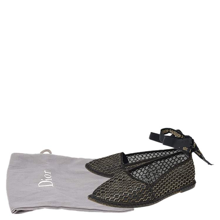 مملوكة مسبقًا Dior Black-Gold Mesh, Suede, And Raffia Miss J'Adior Espadrille Ankle Wrap Flats Size 40