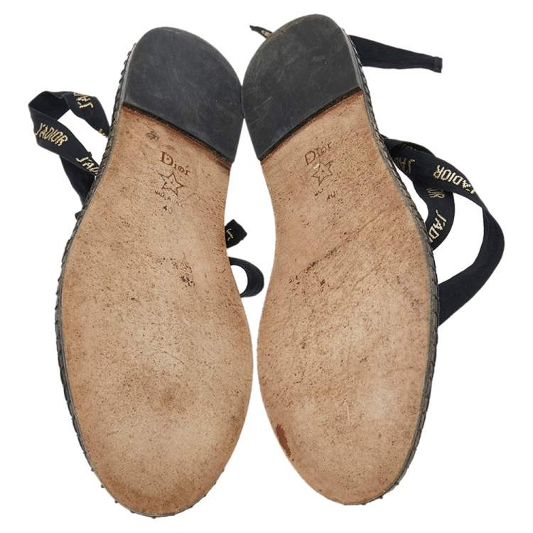 مملوكة مسبقًا Dior Black-Gold Mesh, Suede, And Raffia Miss J'Adior Espadrille Ankle Wrap Flats Size 40