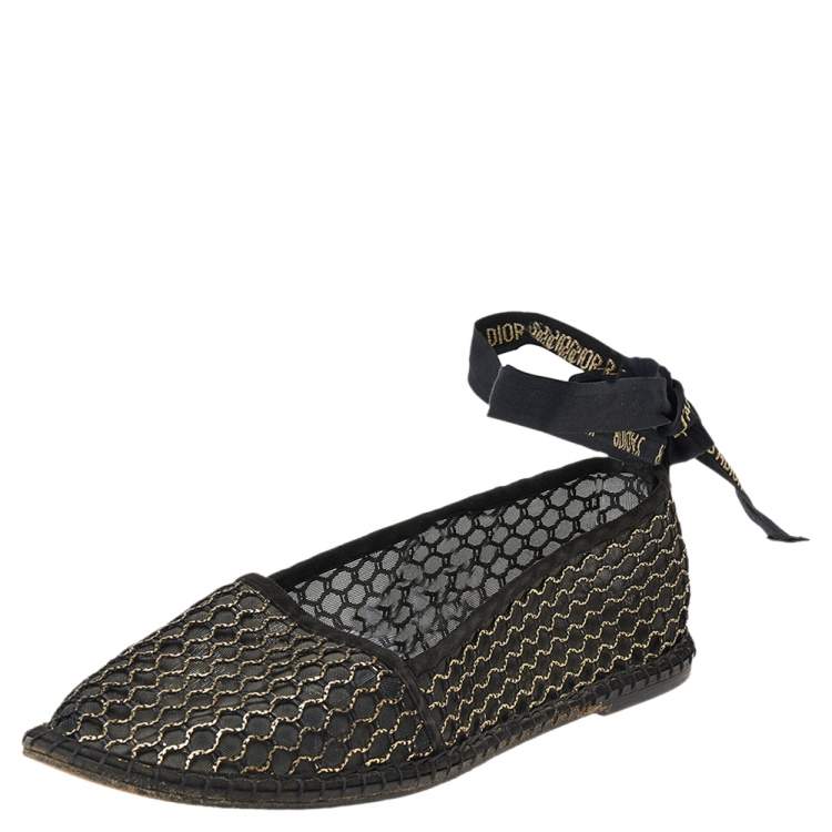 مملوكة مسبقًا Dior Black-Gold Mesh, Suede, And Raffia Miss J'Adior Espadrille Ankle Wrap Flats Size 40