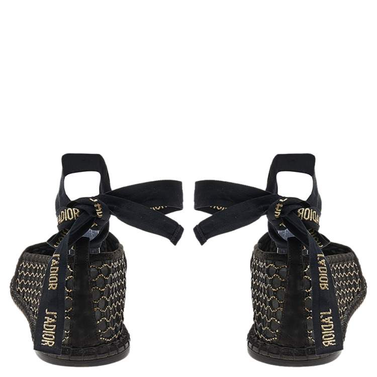 مملوكة مسبقًا Dior Black-Gold Mesh, Suede, And Raffia Miss J'Adior Espadrille Ankle Wrap Flats Size 40