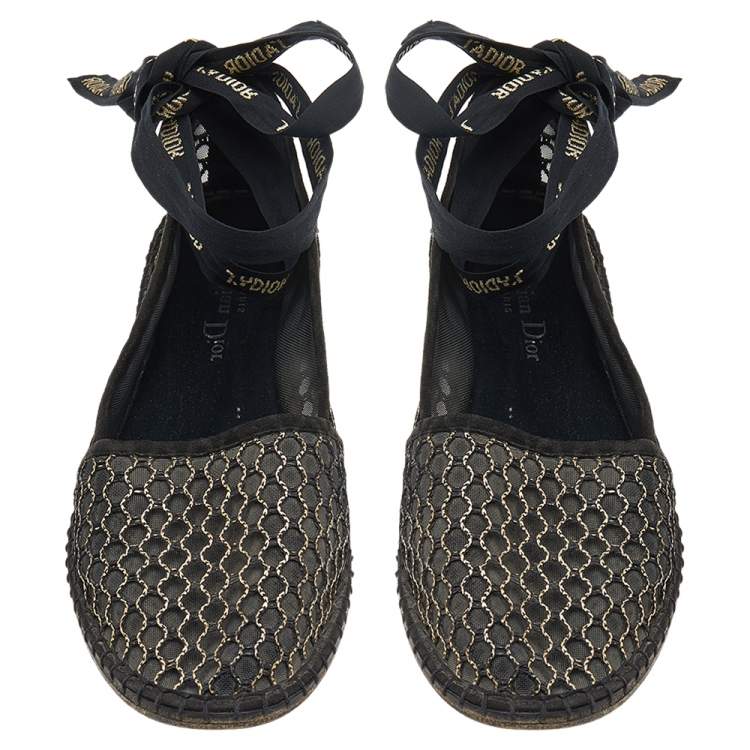مملوكة مسبقًا Dior Black-Gold Mesh, Suede, And Raffia Miss J'Adior Espadrille Ankle Wrap Flats Size 40