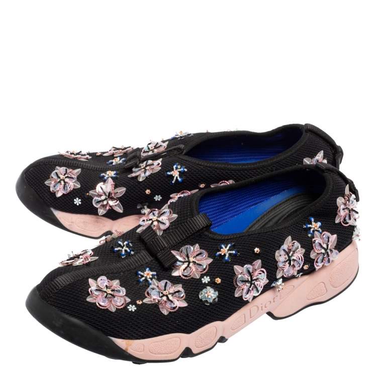 Pre Owned Dior Black Mesh Neoprene Fusion Embellished Low-Top Sneakers Size 39.5