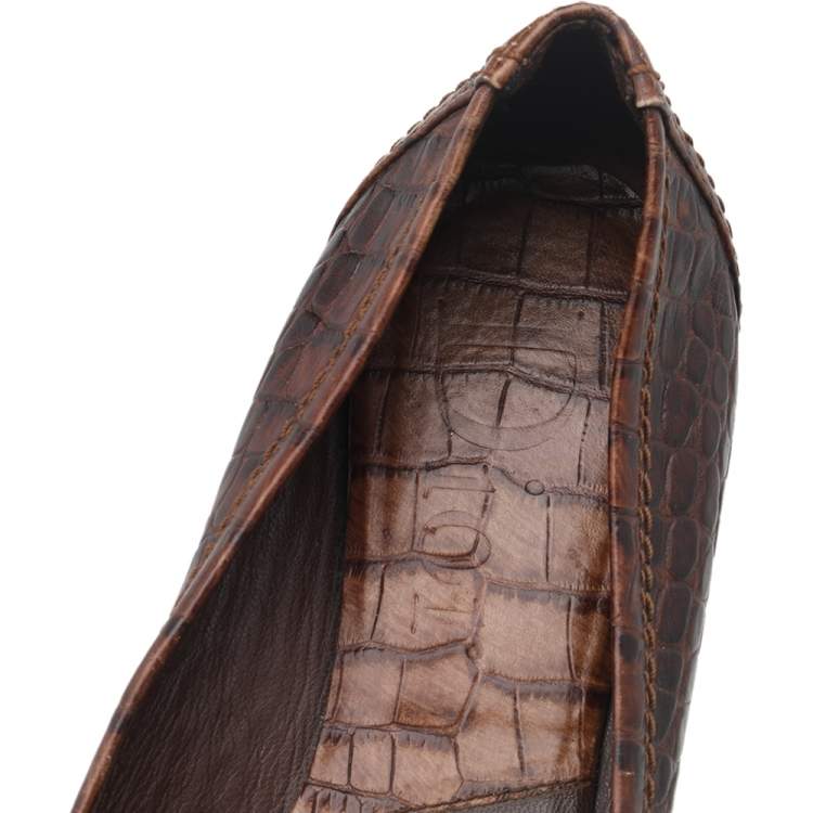 مملوكة مسبقًا Dior Brown Croc Embossed Leather Ballet Flats Size 39