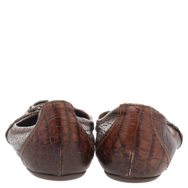مملوكة مسبقًا Dior Brown Croc Embossed Leather Ballet Flats Size 39