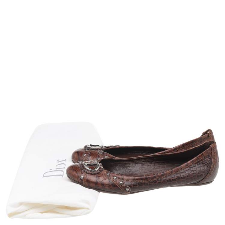 مملوكة مسبقًا Dior Brown Croc Embossed Leather Ballet Flats Size 39