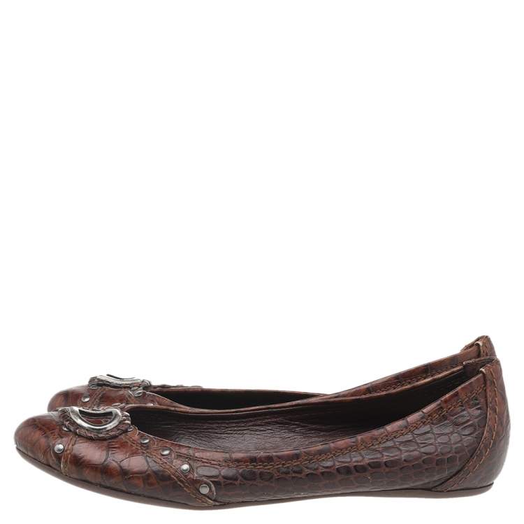 مملوكة مسبقًا Dior Brown Croc Embossed Leather Ballet Flats Size 39