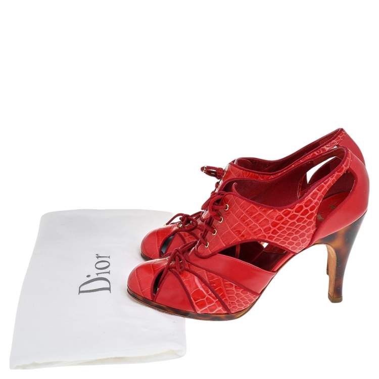مملوكة مسبقًا Dior Red Croc Embossed Leather And Leather Oxford Lace Up Booties Size 39.5