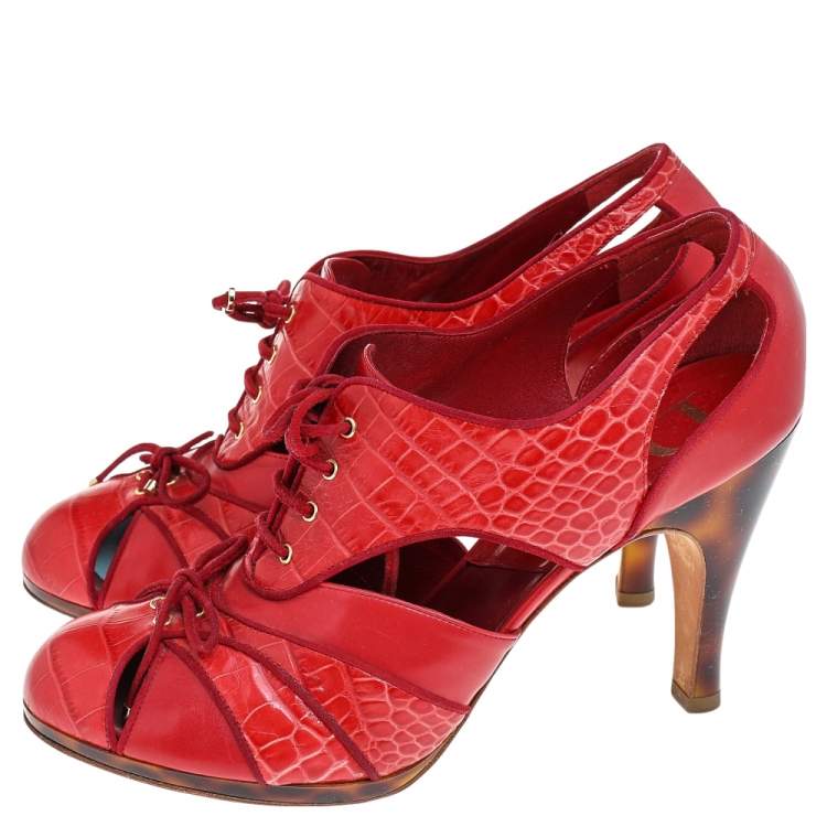 مملوكة مسبقًا Dior Red Croc Embossed Leather And Leather Oxford Lace Up Booties Size 39.5