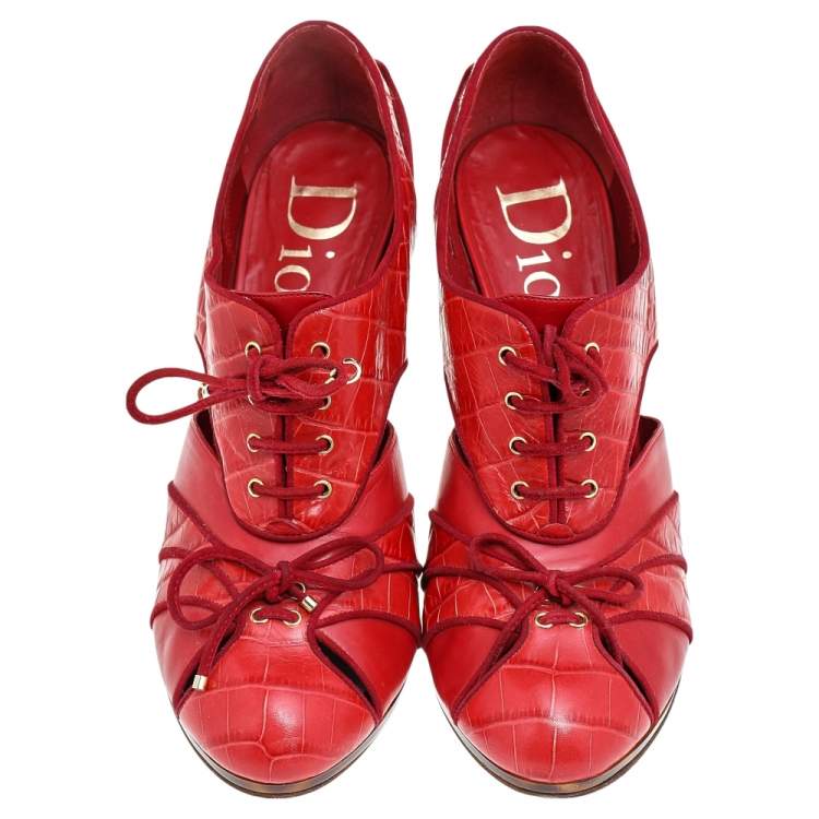 مملوكة مسبقًا Dior Red Croc Embossed Leather And Leather Oxford Lace Up Booties Size 39.5