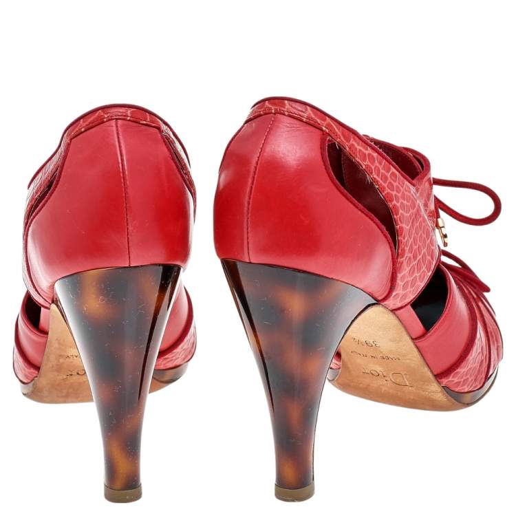 مملوكة مسبقًا Dior Red Croc Embossed Leather And Leather Oxford Lace Up Booties Size 39.5