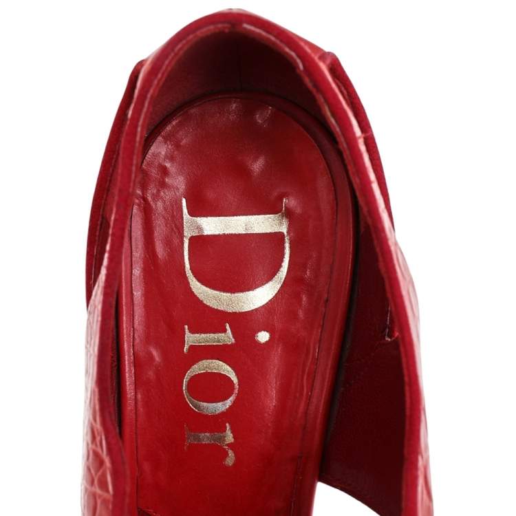 مملوكة مسبقًا Dior Red Croc Embossed Leather And Leather Oxford Lace Up Booties Size 39.5