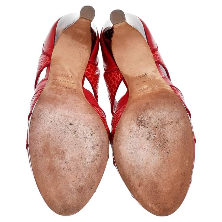 مملوكة مسبقًا Dior Red Croc Embossed Leather And Leather Oxford Lace Up Booties Size 39.5