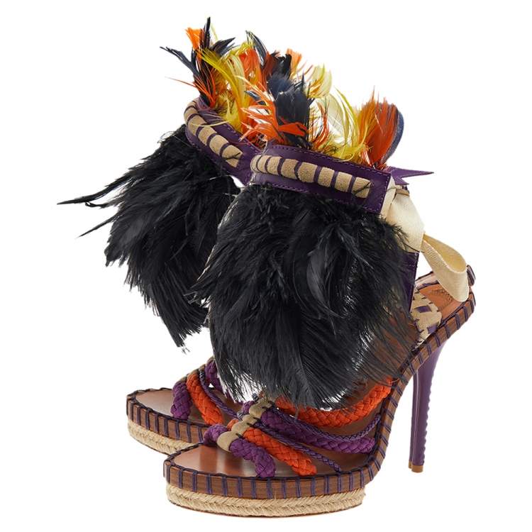 Pre Owned Dior Multicolor Braided Fabric, Leather, Ostrich Feather, And Suede Ankle Wrap Sandals Size 39.5
