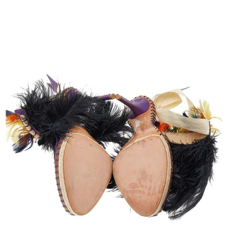 Pre Owned Dior Multicolor Braided Fabric, Leather, Ostrich Feather, And Suede Ankle Wrap Sandals Size 39.5