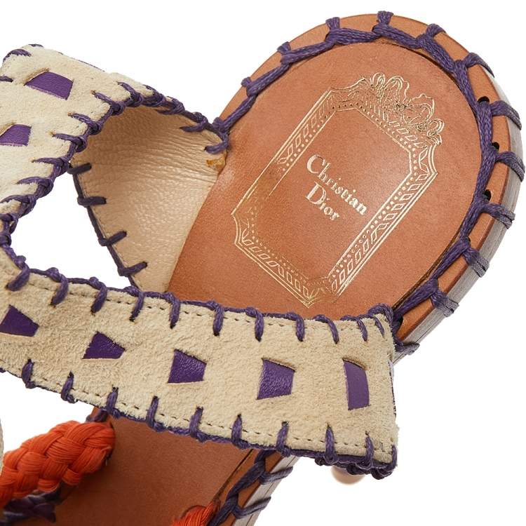 Pre Owned Dior Multicolor Braided Fabric, Leather, Ostrich Feather, And Suede Ankle Wrap Sandals Size 39.5