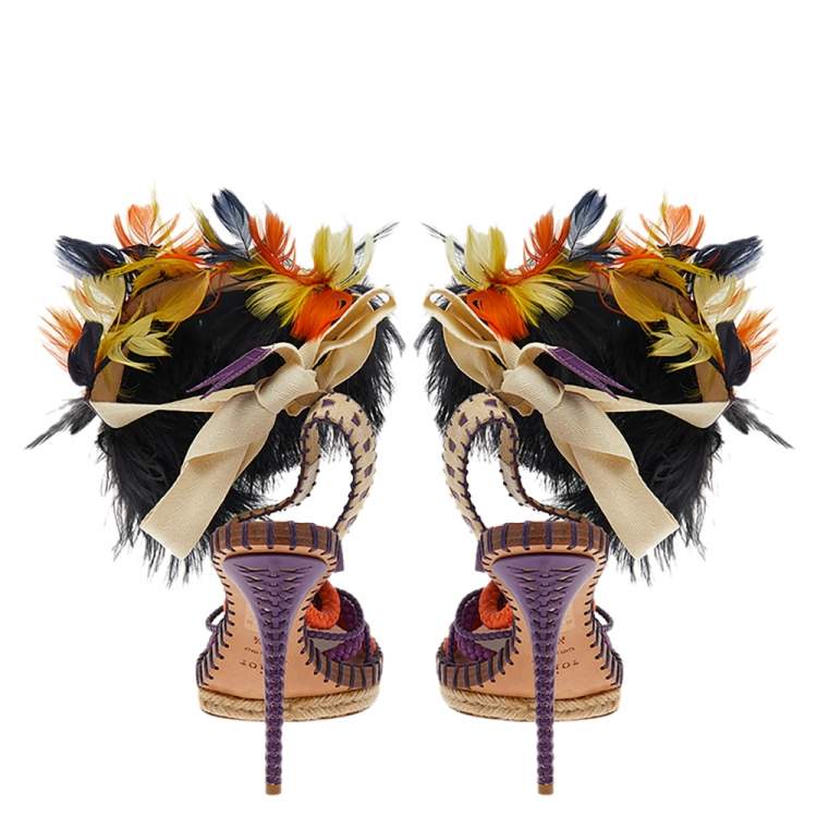 Pre Owned Dior Multicolor Braided Fabric, Leather, Ostrich Feather, And Suede Ankle Wrap Sandals Size 39.5