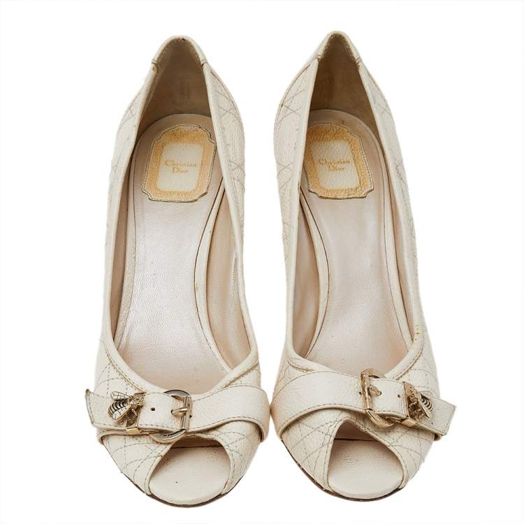 Pre Owned Dior Cream Cannage Leather Bee Detail Peep Toe Pumps Size 41