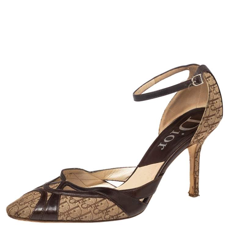 مملوكة مسبقًا Dior Brown Leather And Diorissimo Canvas Ankle Strap Sandals Size 38.5