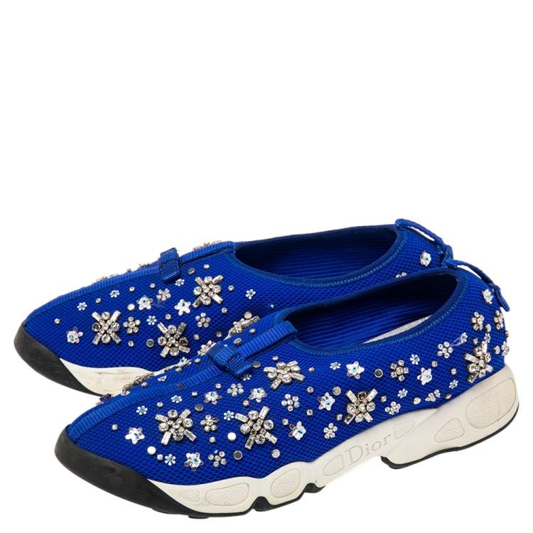 Pre Owned Dior Blue Mesh Fusion Floral Sequins Embellished Slip On Sneakers Size 40.5