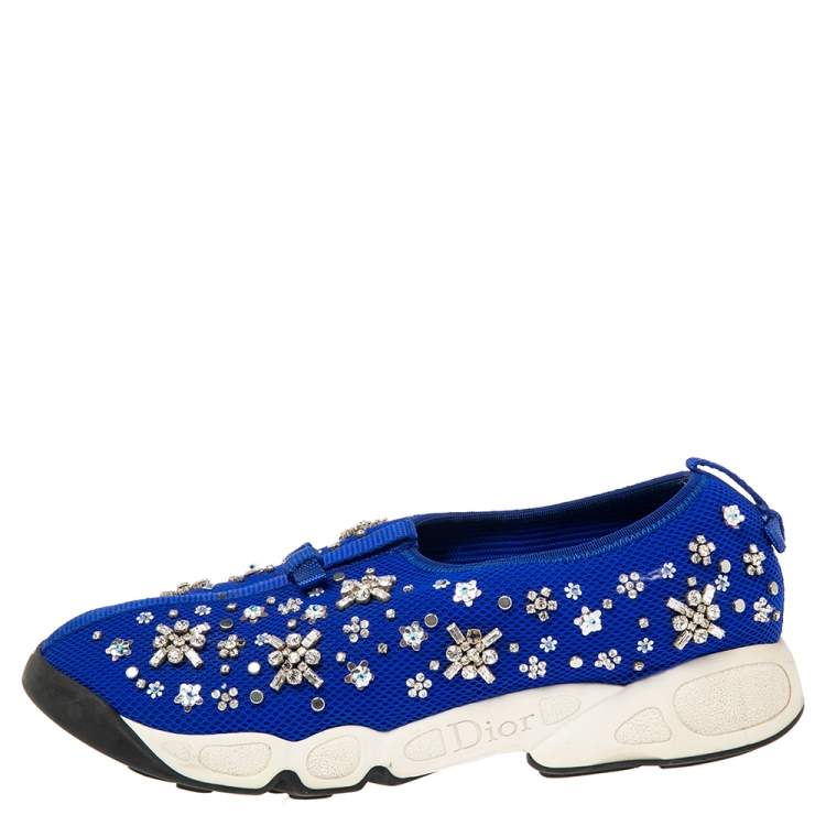 Pre Owned Dior Blue Mesh Fusion Floral Sequins Embellished Slip On Sneakers Size 40.5