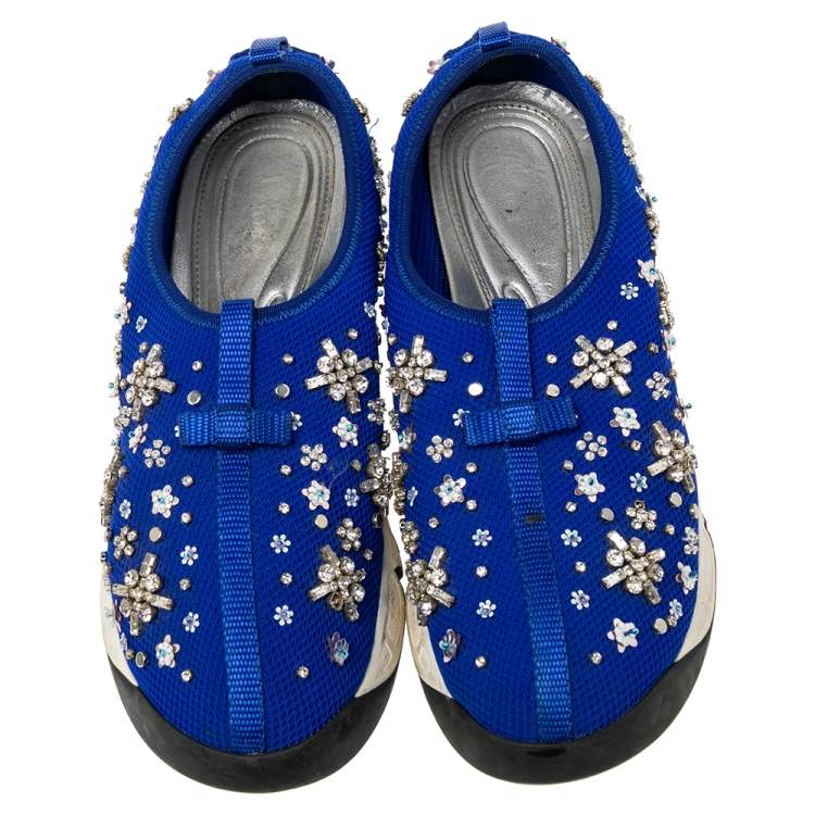 Pre Owned Dior Blue Mesh Fusion Floral Sequins Embellished Slip On Sneakers Size 40.5