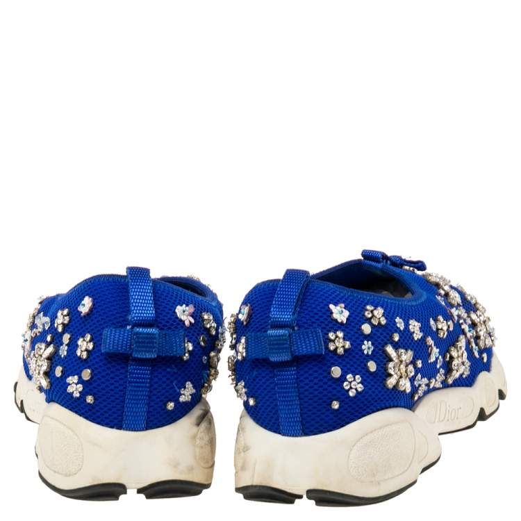 Pre Owned Dior Blue Mesh Fusion Floral Sequins Embellished Slip On Sneakers Size 40.5