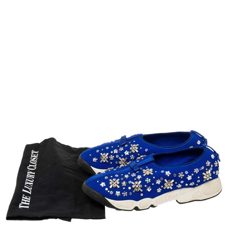 Pre Owned Dior Blue Mesh Fusion Floral Sequins Embellished Slip On Sneakers Size 40.5