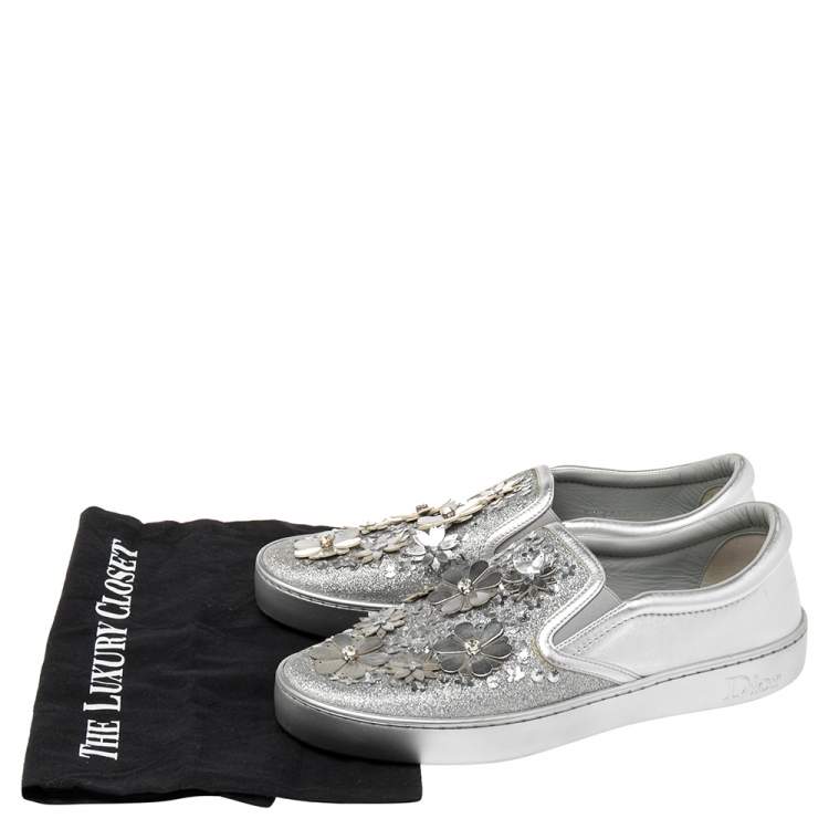 Pre Owned Dior Metallic Silver Glitter And Leather Dior Happy Floral Embellished Slip On Sneakers Size 41