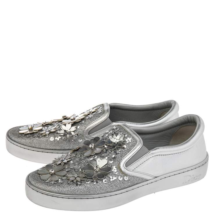 Pre Owned Dior Metallic Silver Glitter And Leather Dior Happy Floral Embellished Slip On Sneakers Size 41