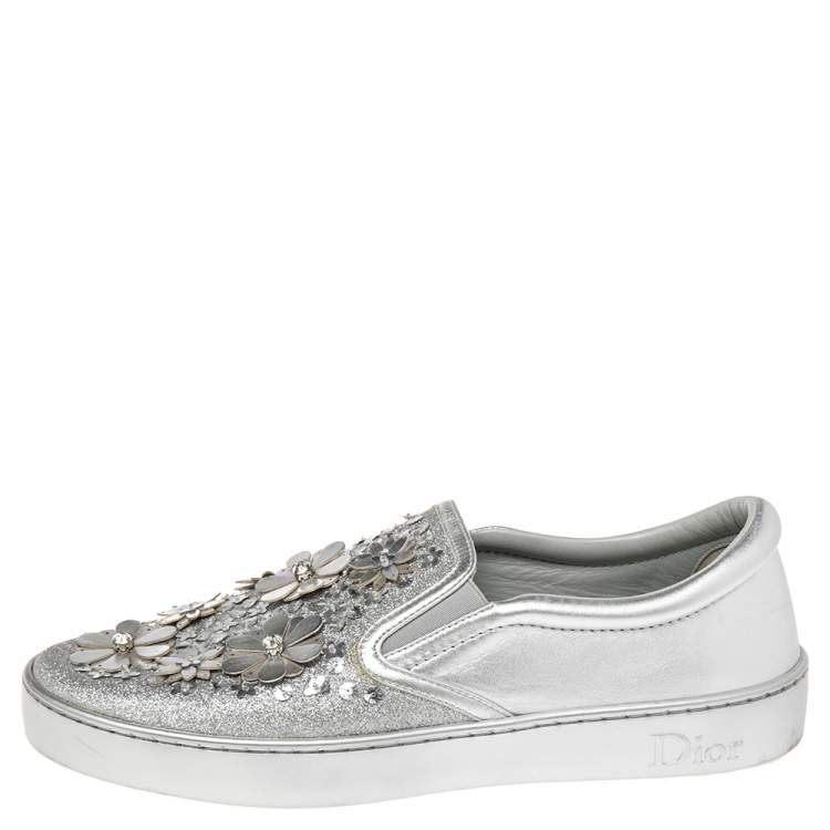 Pre Owned Dior Metallic Silver Glitter And Leather Dior Happy Floral Embellished Slip On Sneakers Size 41