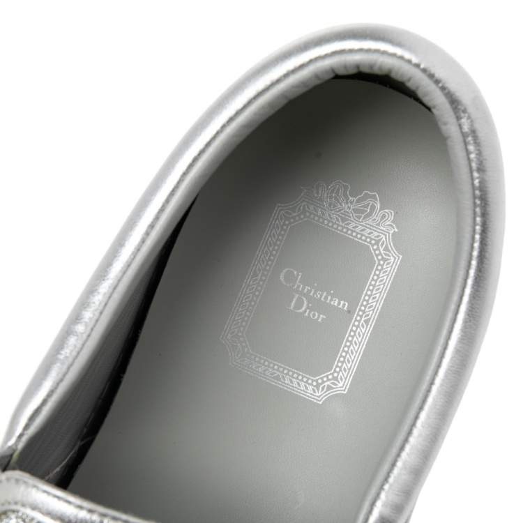 Pre Owned Dior Metallic Silver Glitter And Leather Dior Happy Floral Embellished Slip On Sneakers Size 41