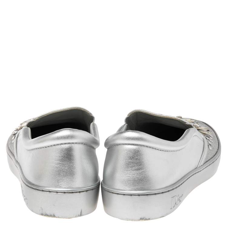 Pre Owned Dior Metallic Silver Glitter And Leather Dior Happy Floral Embellished Slip On Sneakers Size 41
