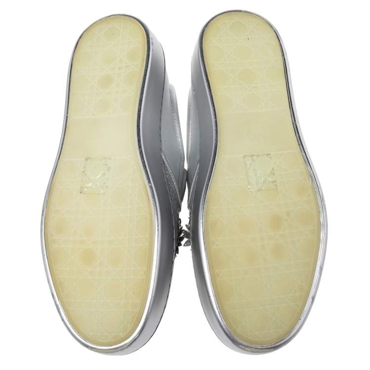 Pre Owned Dior Metallic Silver Glitter And Leather Dior Happy Floral Embellished Slip On Sneakers Size 41