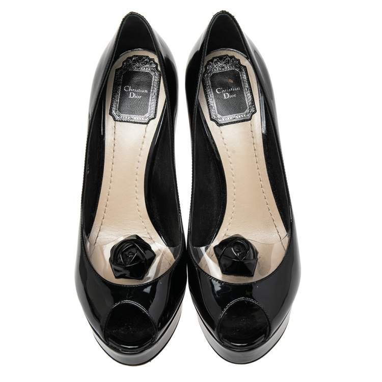 Pre Owned Christian Dior Black Patent Leather And PVC  Peep Toe Platform Pumps Size 37.5