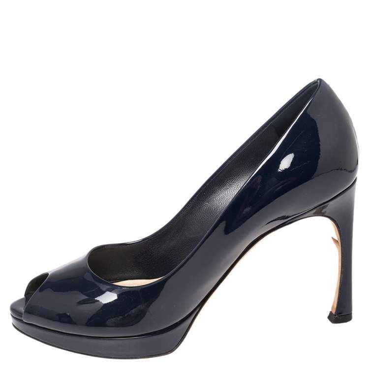 Pre Owned Dior Navy Blue Patent Leather Peep toe Pumps Size 36