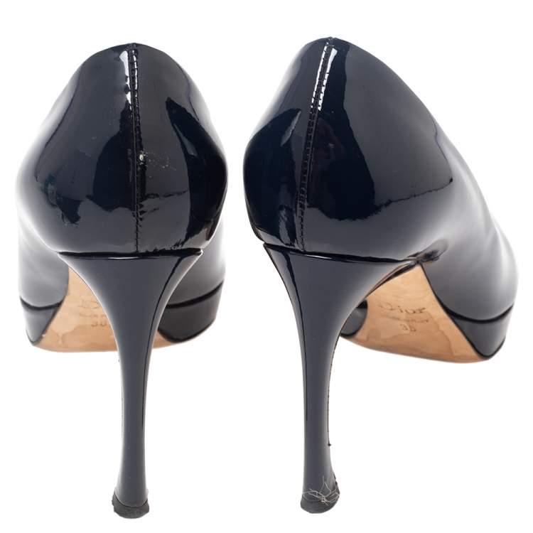 Pre Owned Dior Navy Blue Patent Leather Peep toe Pumps Size 36
