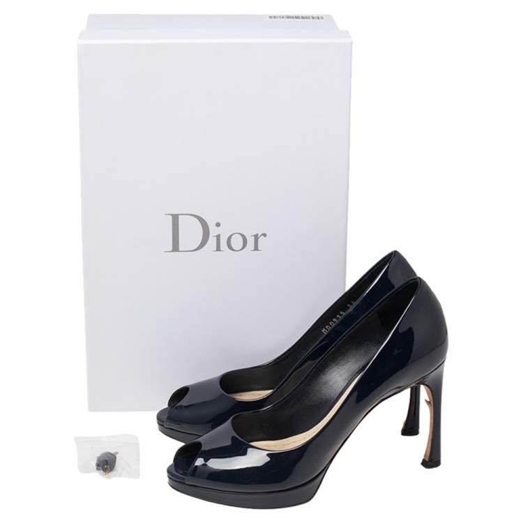 Pre Owned Dior Navy Blue Patent Leather Peep toe Pumps Size 36