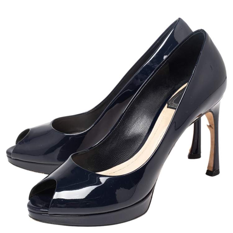 Pre Owned Dior Navy Blue Patent Leather Peep toe Pumps Size 36