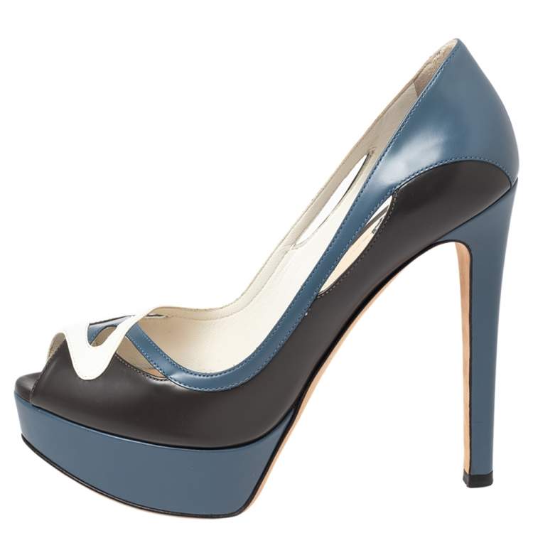 Pre Owned Dior Tricolor Leather Peep Toe Platform Pumps Size 37.5