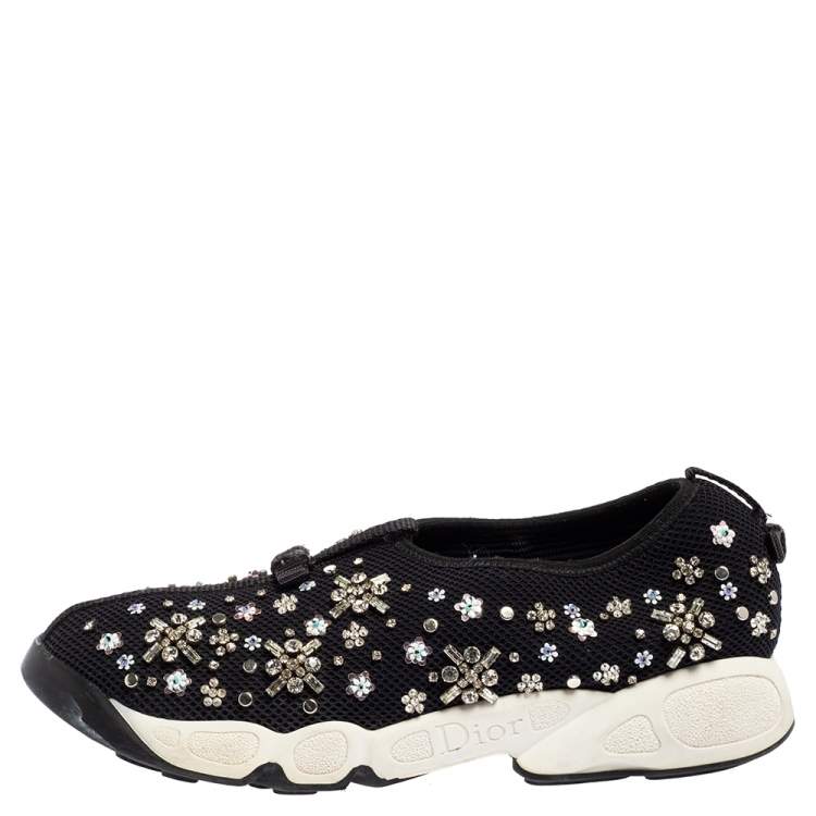 Pre Owned Dior Black Mesh Fusion Embellished Slip On Sneakers Size 38.5