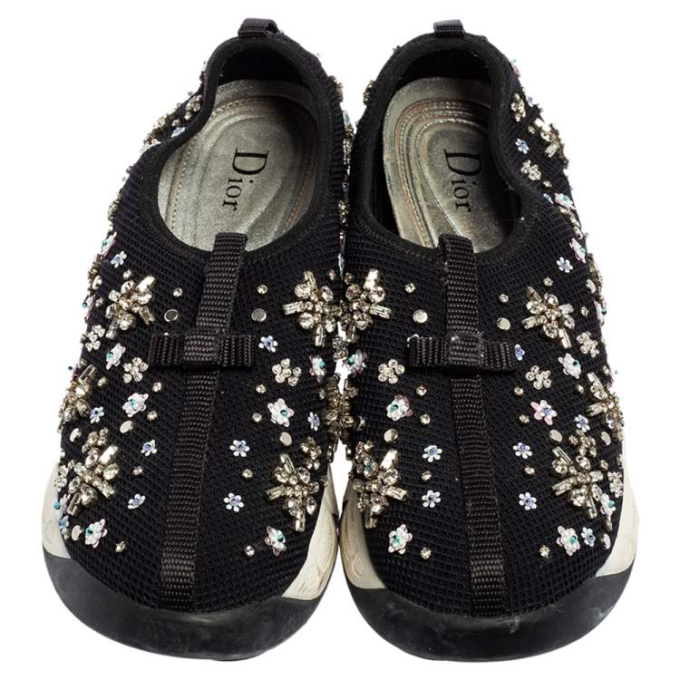 Pre Owned Dior Black Mesh Fusion Embellished Slip On Sneakers Size 38.5