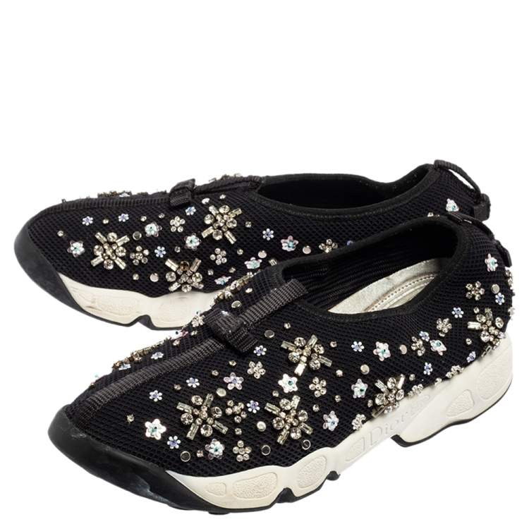 Pre Owned Dior Black Mesh Fusion Embellished Slip On Sneakers Size 38.5