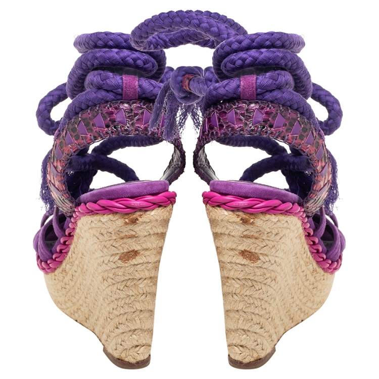 Pre Owned Dior Purple Suede And Python Leather Espadrille Wedge Ankle Wrap Sandals Size 36