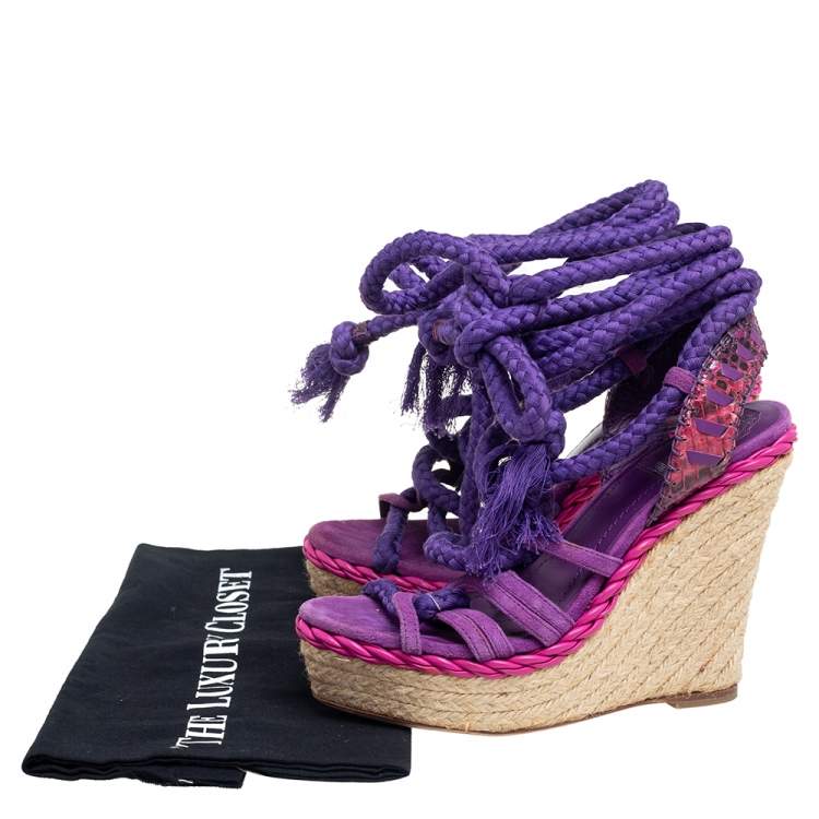Pre Owned Dior Purple Suede And Python Leather Espadrille Wedge Ankle Wrap Sandals Size 36