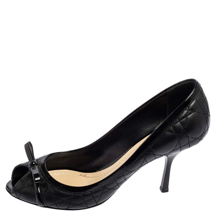 Pre Owned Dior Black Leather Cannage Quilted Peep Toe Bow Pumps Size 40