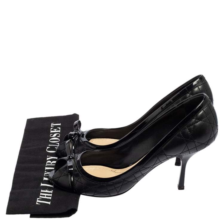 Pre Owned Dior Black Leather Cannage Quilted Peep Toe Bow Pumps Size 40
