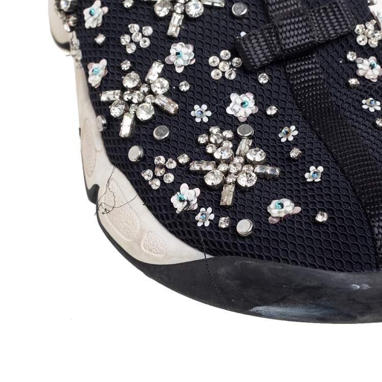 Pre Owned Dior Black Mesh Fusion Crystal Embellished Slip On Sneakers Size 37.5