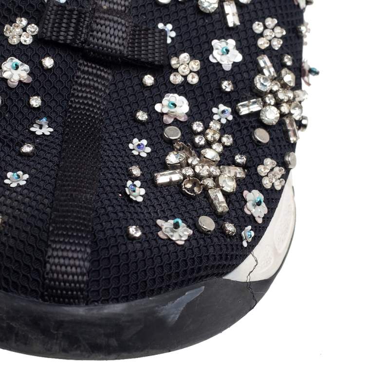 Pre Owned Dior Black Mesh Fusion Crystal Embellished Slip On Sneakers Size 37.5