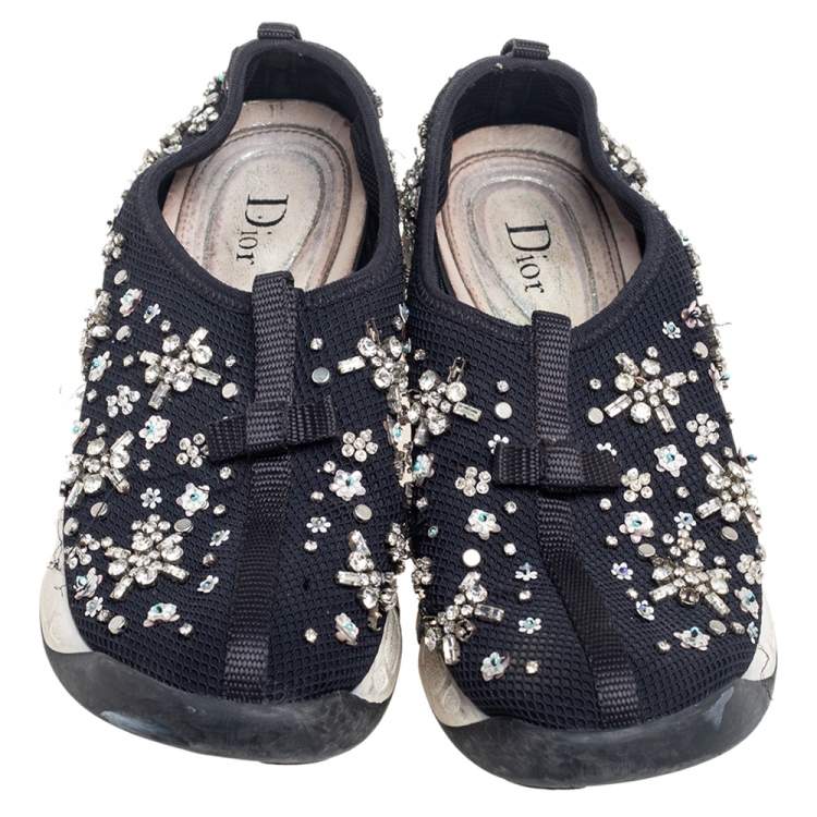 Pre Owned Dior Black Mesh Fusion Crystal Embellished Slip On Sneakers Size 37.5